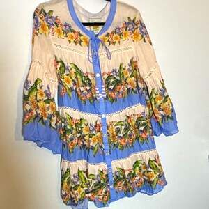 FARM Rio Floral Button Front Beaded 3/4 Bell Sleeve Blouse Top Women’s S